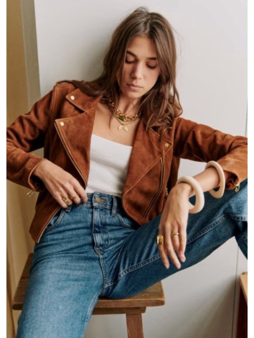 Sezane Zig Goat Leather Moto Jacket in Camel Suede